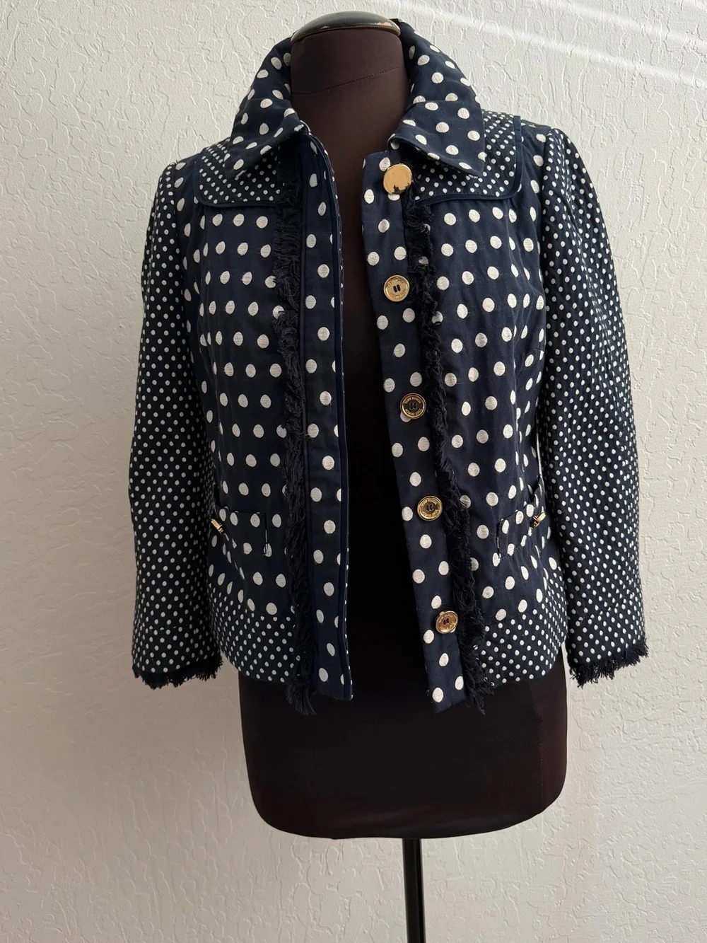Tory Burch Leonora Polka Dot Fringe Navy Blue Jacket
